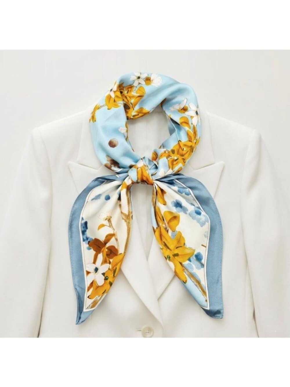 Luxurious Elegant Silky Square Scarf Blue White Orange Floral Blossom Wrap hijab